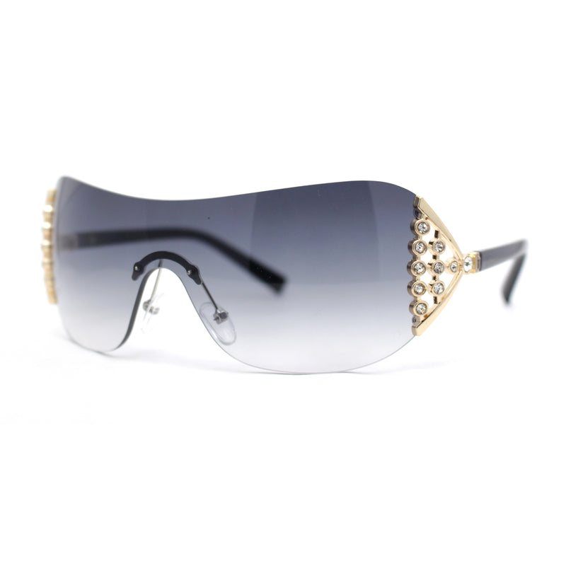 Womens Iced Out Rhinestone Jewel Hinge Curved Wrap Shield Rimless Sunglasses