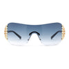 Womens Iced Out Rhinestone Jewel Hinge Curved Wrap Shield Rimless Sunglasses