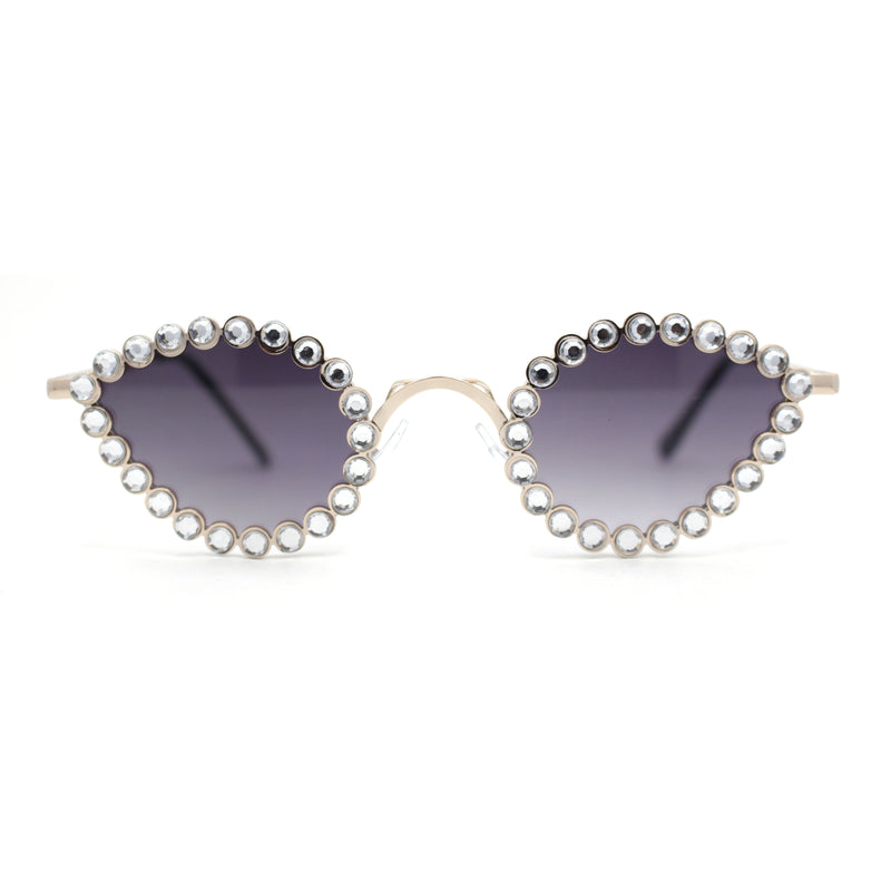 Large Rhinestone Rim Micro Small Hippie Cat Eye Metal Sunglasses