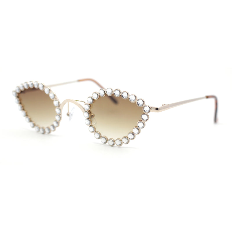 Large Rhinestone Rim Micro Small Hippie Cat Eye Metal Sunglasses
