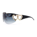 Womens Heart Jewel Wrap Around Curved Shield Monoblock Rimless Sunglasses