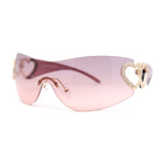 Womens Heart Jewel Wrap Around Curved Shield Monoblock Rimless Sunglasses