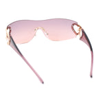 Womens Heart Jewel Wrap Around Curved Shield Monoblock Rimless Sunglasses