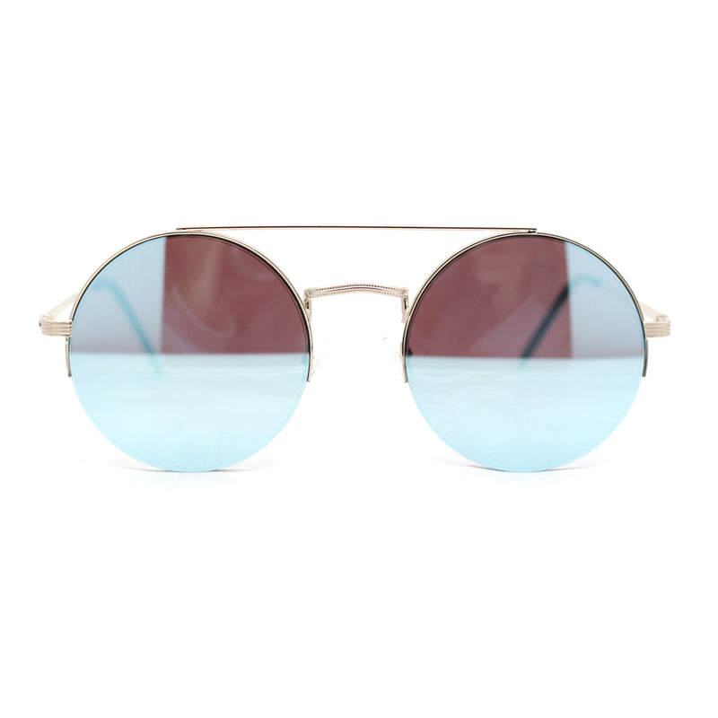 Hippie Color Mirror Round Circle Lens Metal Half Rim Double Bridge Sunglasses