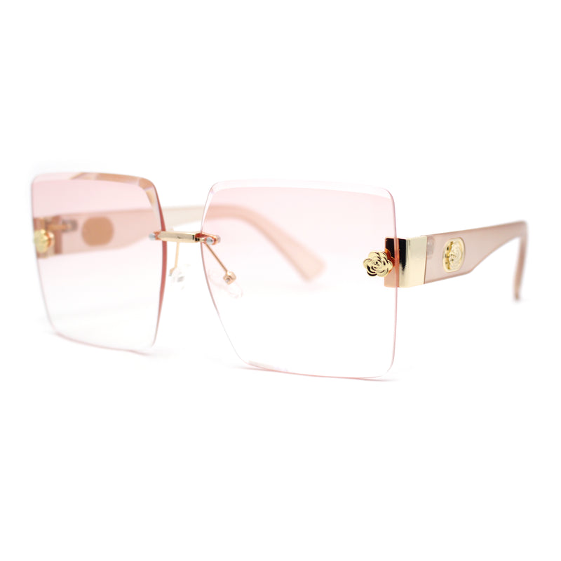 Womens Luxury Rose Flower Jewel Rimless Bevel Rectangle Fashion Sunglasses