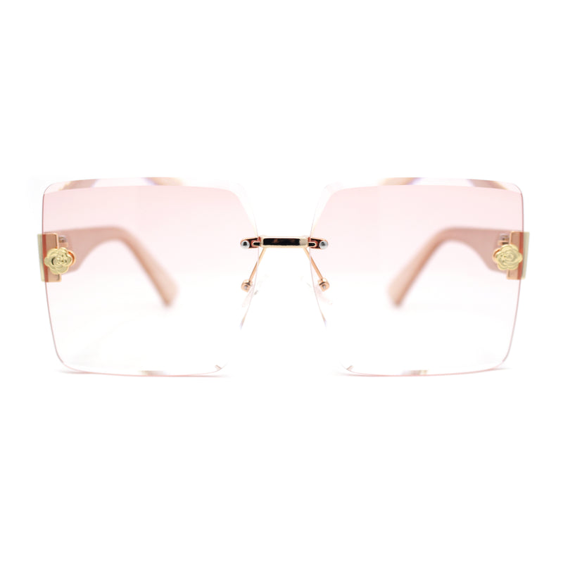 Womens Luxury Rose Flower Jewel Rimless Bevel Rectangle Fashion Sunglasses