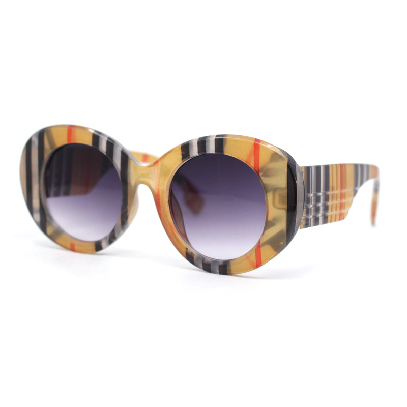 Womens Classy Plaid Arm Thick Plastic Round Mod Retro Sunglasses