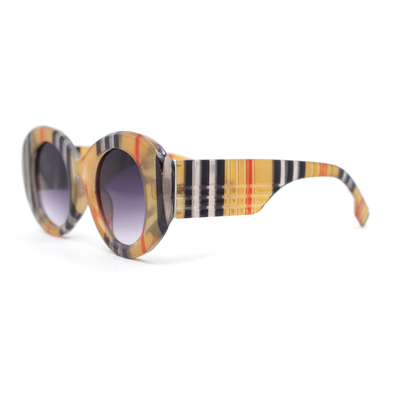 Womens Classy Plaid Arm Thick Plastic Round Mod Retro Sunglasses