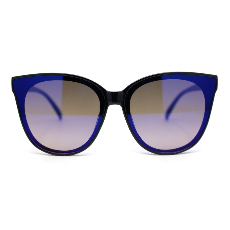 Womens Color Mirror Inset Lens Oversized Cat Eye Horn Rim Retro Sunglasses