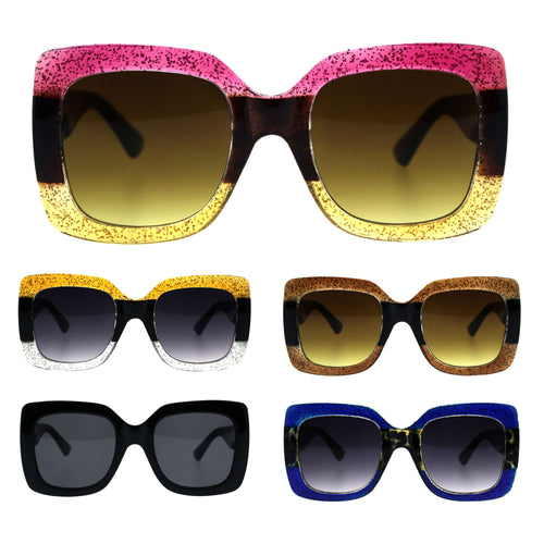 Stripe Glitter Pop Color Retro Thick Plastic Rectangular Mod Sunglasses