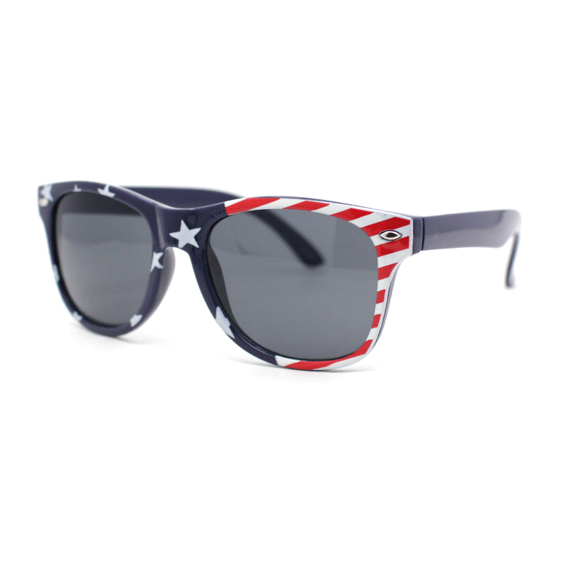 Kids Size Patriotic American USA Flag Print Classic Hipster Horn Rim Plastic Sunglasses
