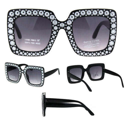 Kids Size Girls Bling Concave Engraving Iced Out Rectangular Butterfly Sunglasses Black Smoke
