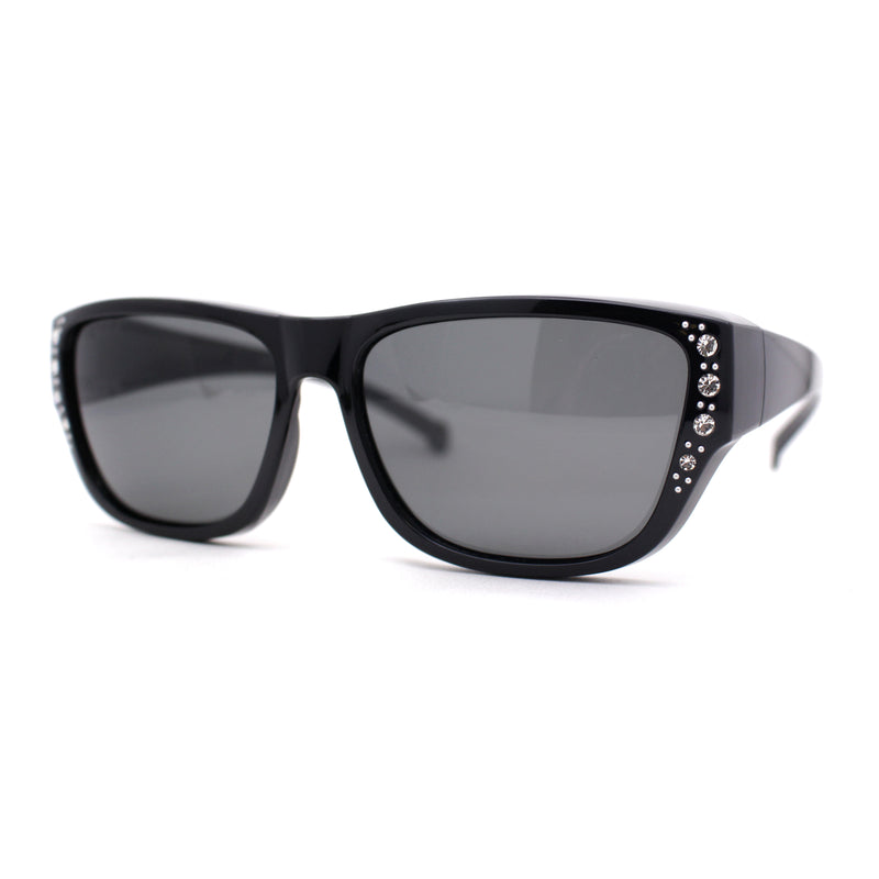 Womens Polarized Rhinestone 60mm Fit Over Rectangular OTG Fashion Sunglasses
