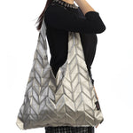 Silver Faux Leather Super Trendy Pleated Light Weight Tote Hand Bag